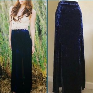 Long blue velvet maxi skirt with slits